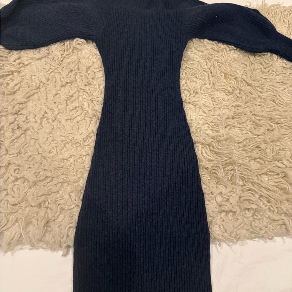 Elliatt Flattering Cold Shoulder Ribbed Wool Maxi Dress in Navy - Picture 2 of 5
